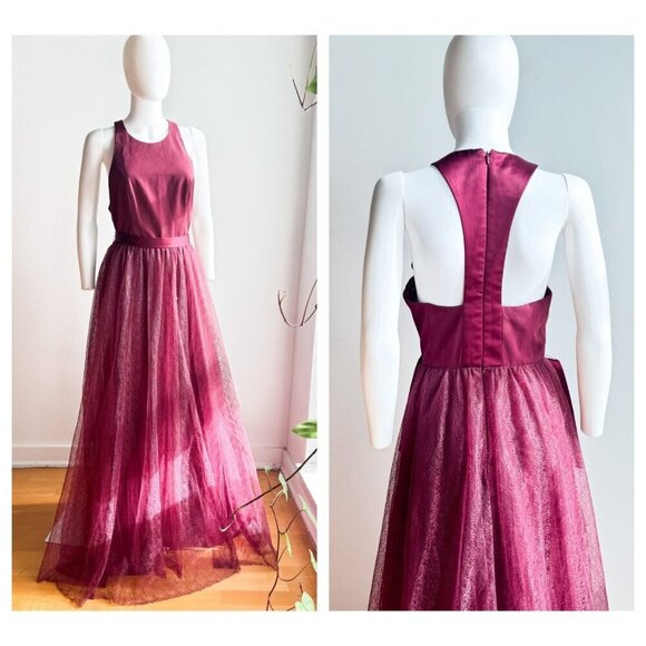 Vera Wang White Burgundy Lace Skirt open Back Maxi Gown 10 - Picture 1 of 10